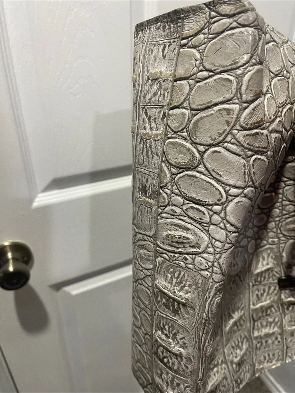 B. May Croc-Embossed Cream Tote with Brown Straps